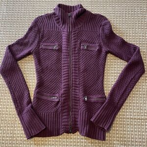 Athleta Full Zip Cardigan Sweater 95% Cotton 5% Cashmere Burgandy XS